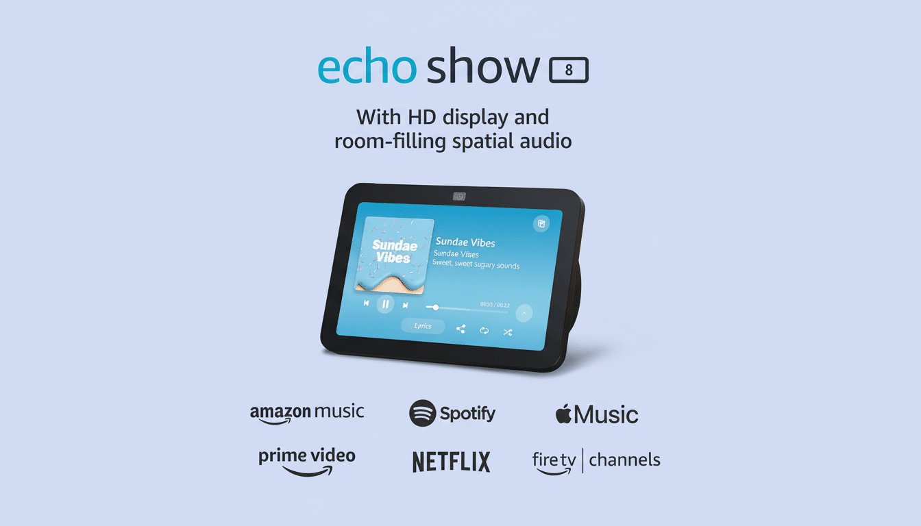 A professional image of the Echo Show 8 device , featuring its HD display showing Sundae Vibes music playing , with text highlighting its spatial audio and compatibility with Amazon Music, Spotify , Apple Music, Prime Video, Netflix , and Fire TV channels. The background is a soft, light blue gradient .