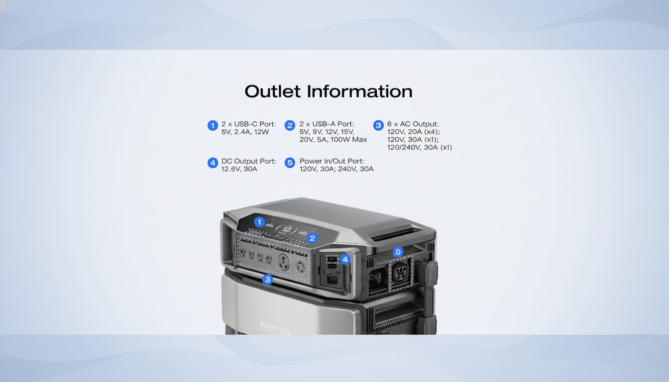 An image displaying the Outlet Information for an Ecoflow portable power station. The power station has various ports labeled with numbers and descriptions: 1 ) 2 x USB -C Ports ( 5V, 2.4A , 12 W), 2 ) 2 x USB-A Ports (5V, 9V, 12V , 15 V, 2 0V, 5A, 100W Max), 3 ) 6 x AC Outputs (120 V, 2 0A (x 4); 1 20V, 30A (x1); 120 / 240V , 30 A (x1 )), 4) DC Output Port ( 12.6 V, 3 0A), and 5) Power In/Out Port (120 V, 3 0A; 240V , 30 A). The image is set against a professional flat design background with a soft gradient.