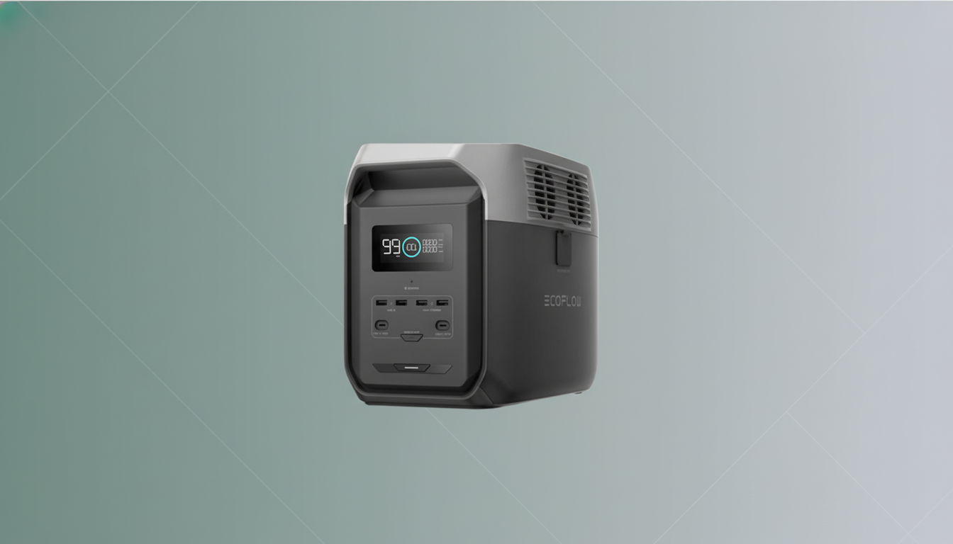 A professional image of an EcoFlow portable power station, resized to a 16:9 aspect ratio, set against a clean, professional flat design background with soft gradients.
