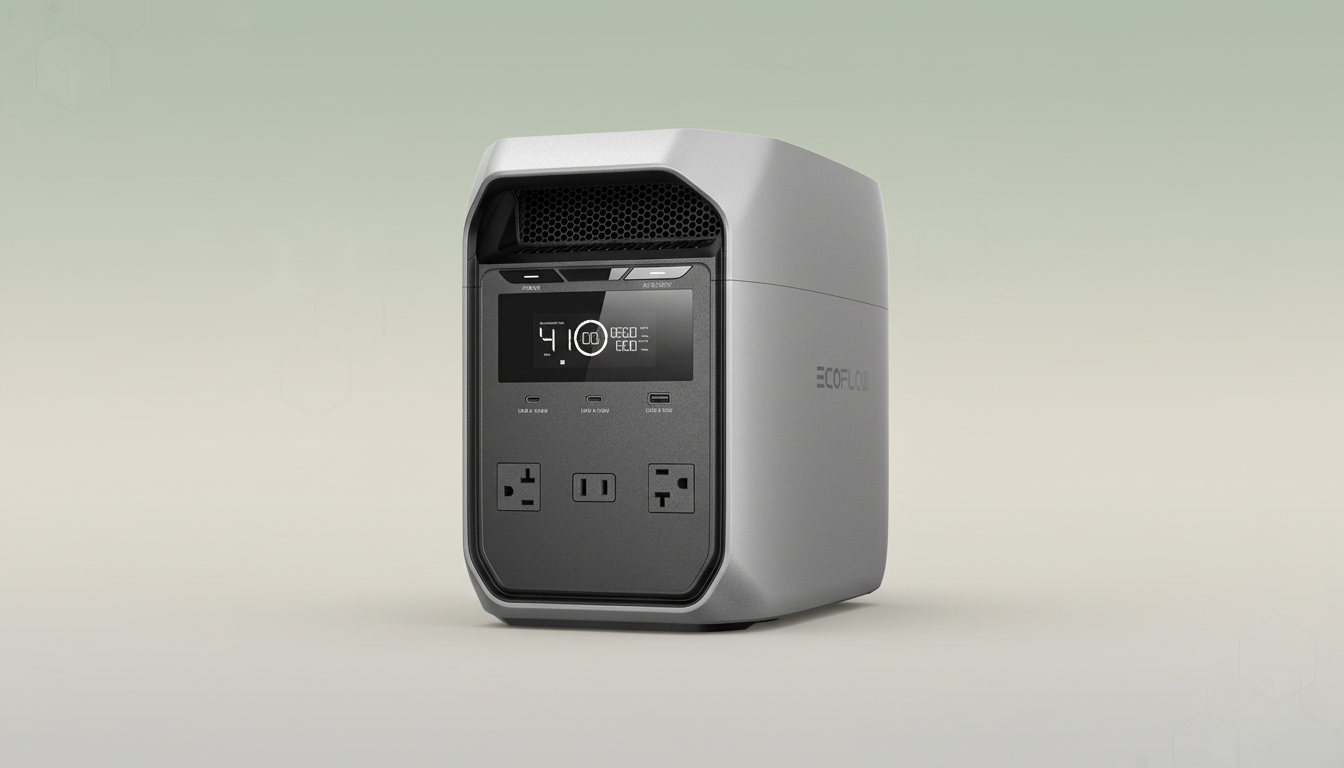 A gray portable power station with a digital display and multiple outlets, set against a professional flat design background with soft patterns.