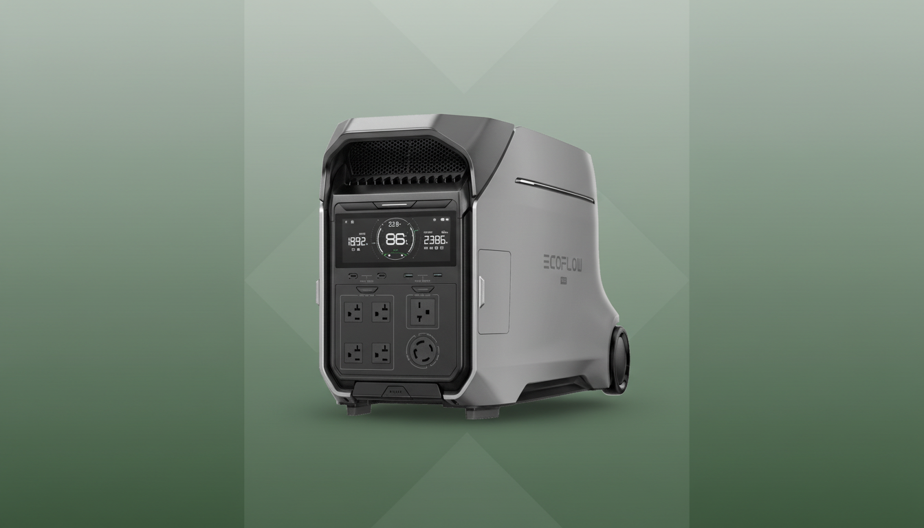 A gray and black EcoFlow portable power station with a digital display showing 86% battery, set against a professional flat design background with soft green gradients and subtle geometric patterns.