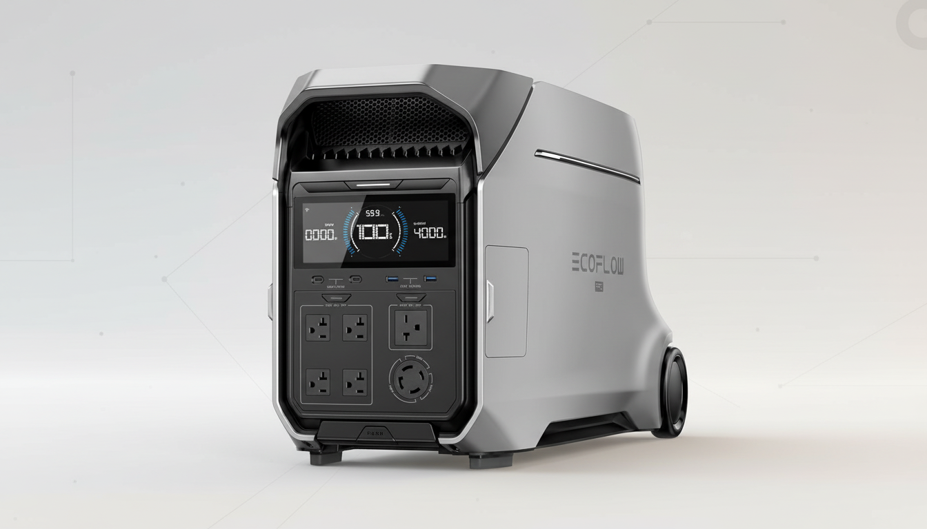 A professional, enhanced image of an EcoFlow portable power station, resized to a 16:9 aspect ratio, set against a clean, light gray background with subtle geometric patterns.