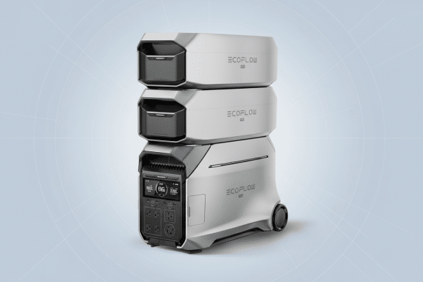 The Eco Flow PRO portable power station and two extra batteries stacked on a professional light blue