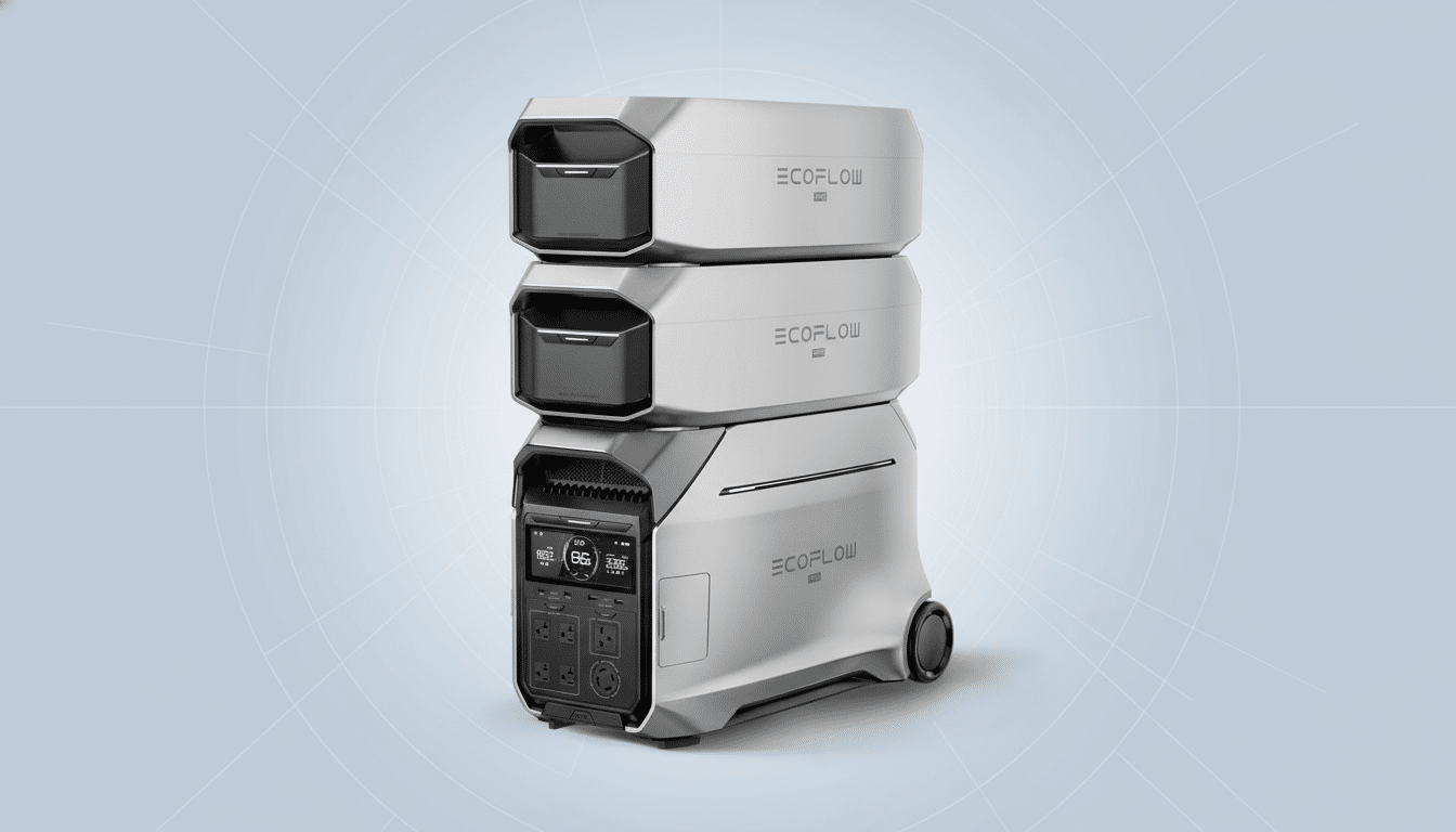 The Eco Flow PRO portable power station and two extra batteries stacked on a professional light blue