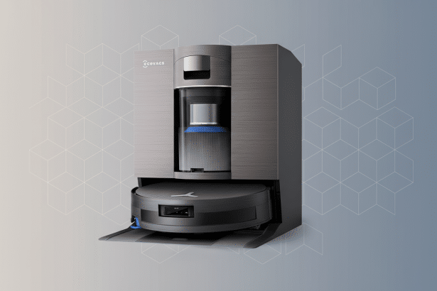 A It Text : Ec ovacs Deeb ot X 2 Omni robot vacuum and docking station on a gradient background with