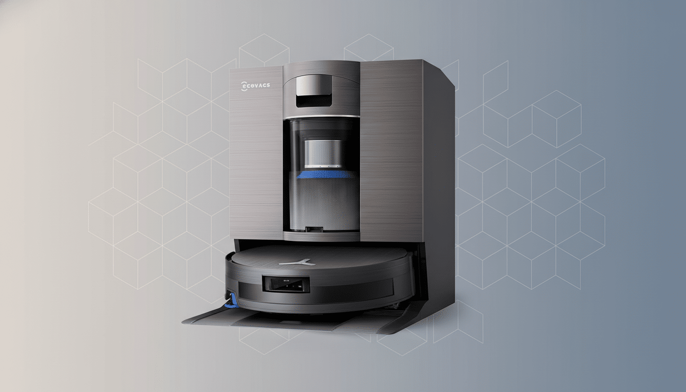 A It Text : Ec ovacs Deeb ot X 2 Omni robot vacuum and docking station on a gradient background with