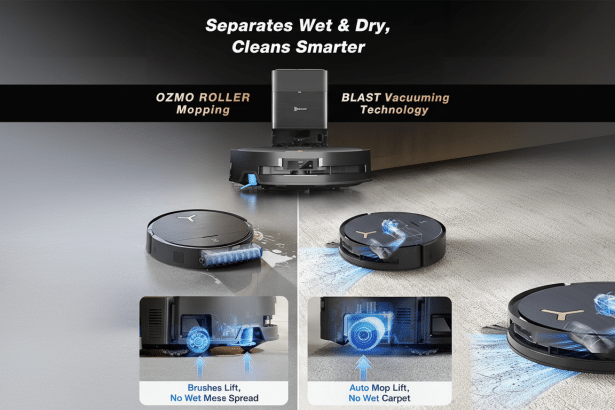 An image showcasing a robotic vacuum cleaner and its features , including wet and dry separation , OZMO roller mopping, and BLAST vacuuming technology . The image is divided into sections illustrating the vacuum 's capabilities, with detailed in sets of its brush lift and auto mop lift functions.