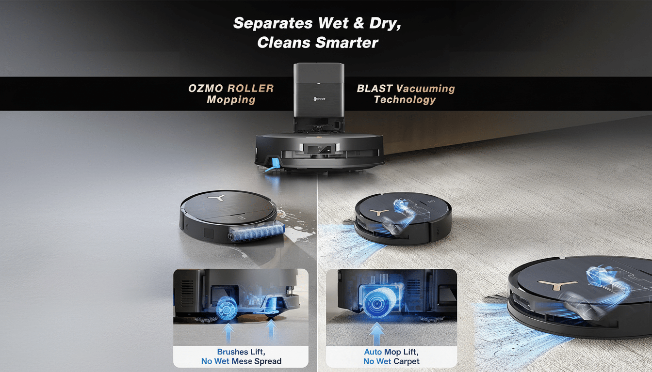 An image showcasing a robotic vacuum cleaner and its features , including wet and dry separation , OZMO roller mopping, and BLAST vacuuming technology . The image is divided into sections illustrating the vacuum 's capabilities, with detailed in sets of its brush lift and auto mop lift functions.