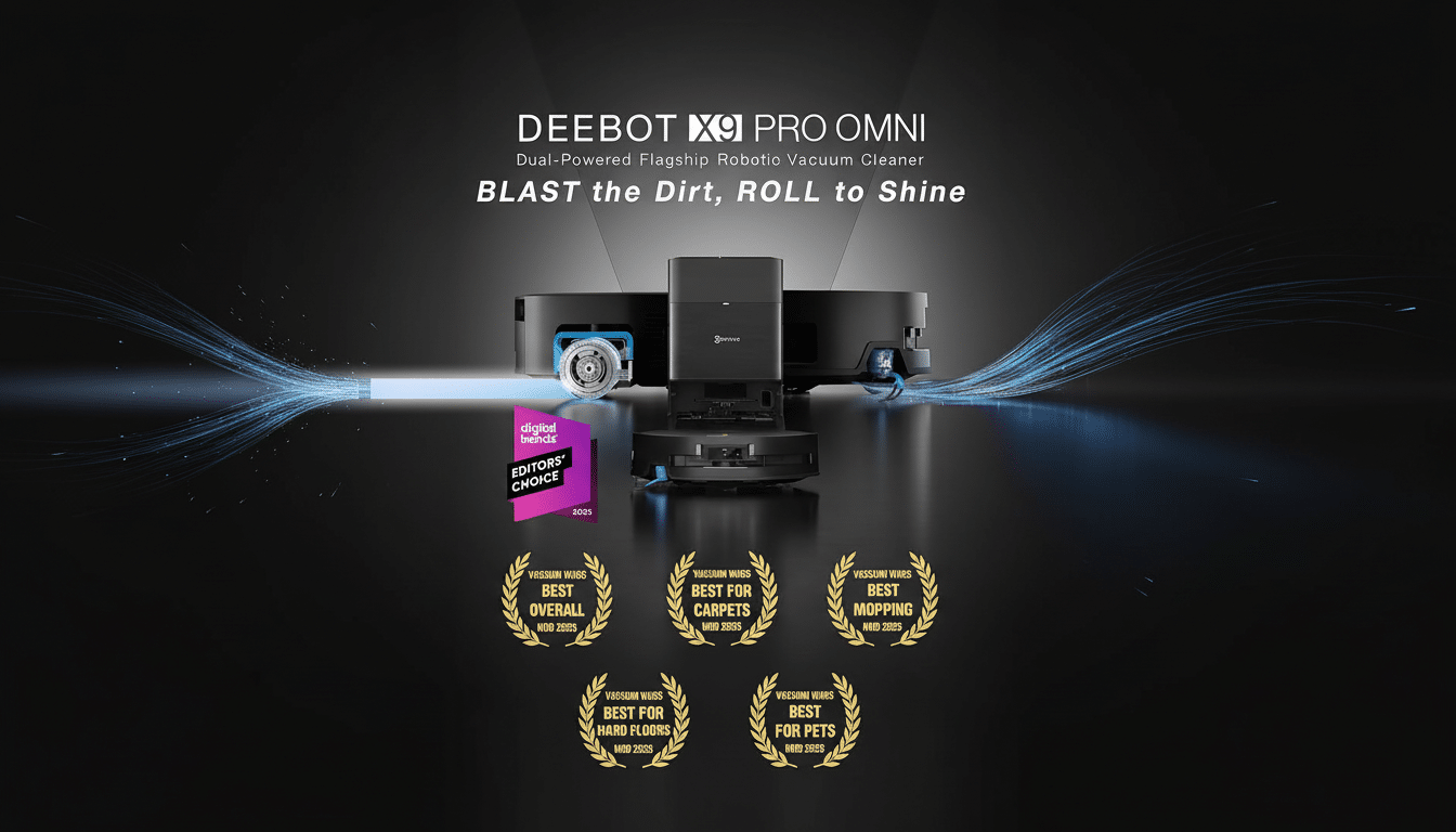 The DE EBOT X1 O MNI robotic vacuum cleaner on a dark background with blue light trails, surrounded by Vacuum Wars awards. The text DEEB OT X1 PRO OMNI Dual -Powered Flagship Robotic Vacuum Cleaner BLAST the Dirt, ROLL to Shine is at the top.