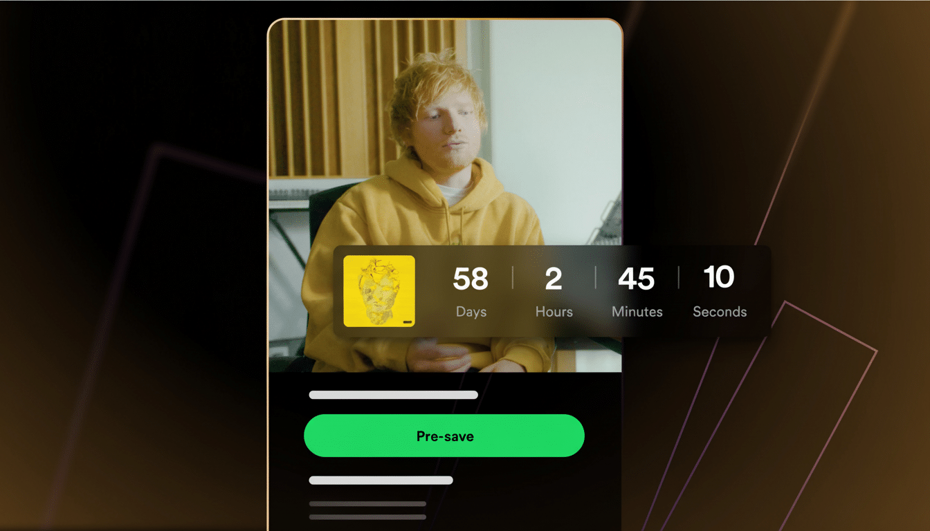 An image featuring musician Ed Sheeran in a yellow hoodie, displayed within a digital frame, with a countdown timer showing 58 Days 2 Hours 45 Minutes