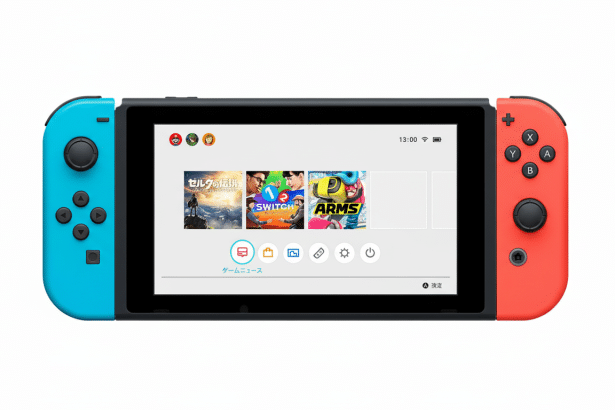 A Nintendo Switch console with blue and red joy-cons, displaying game icons on a white background.