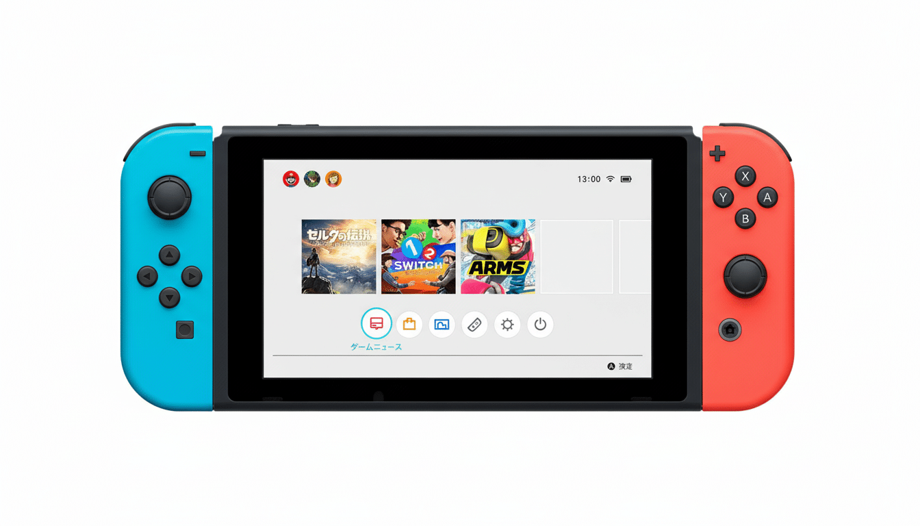 A Nintendo Switch console with blue and red joy-cons, displaying game icons on a white background.