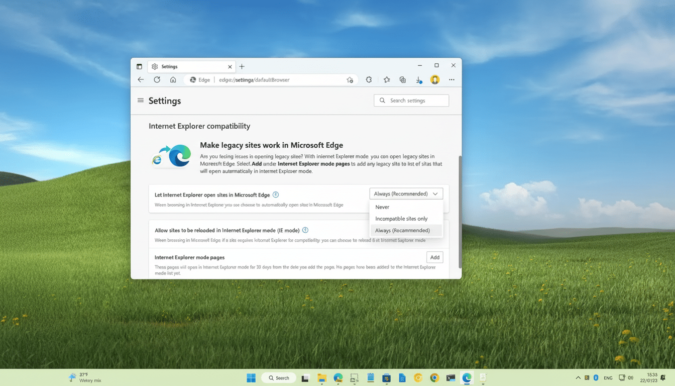 A screenshot of Microsoft Edge' s settings, showing the Internet Explorer compatibility options . The Allow sites to be re loaded in Internet Explorer mode (IE mode ) setting is selected as Always (Recommended).
