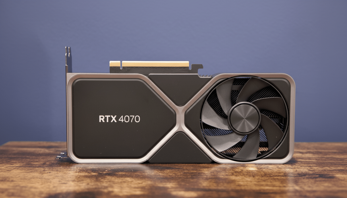 A professional shot of an RTX 40 70 graphics card with a single fan, resting on a wooden surface against a blue background.