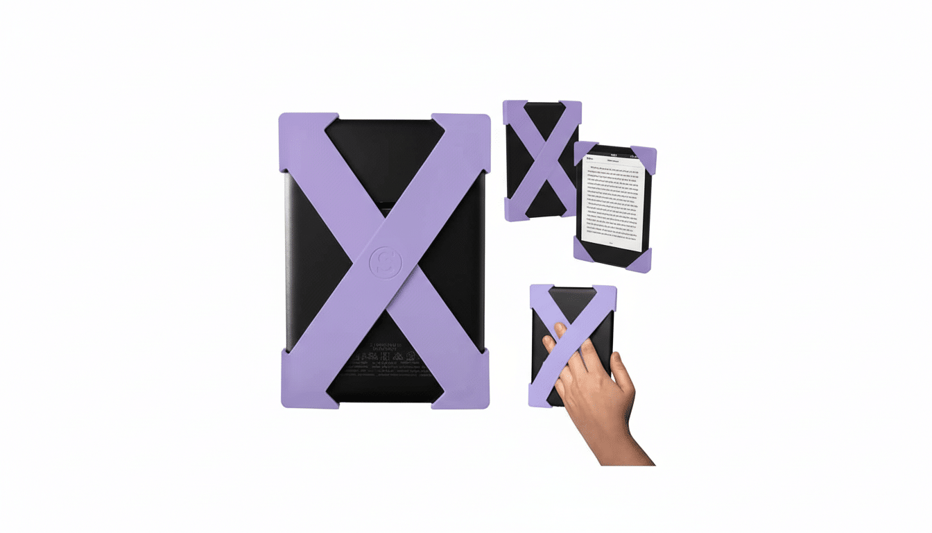 A black e- reader device with a purple X -shaped strap on the back. To its right, there are two smaller instances of the same e-reader: one viewed fro