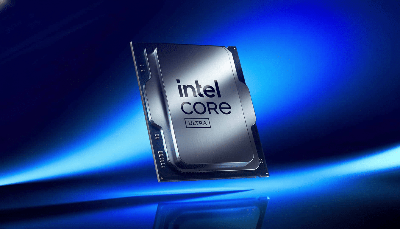 An Intel Core Ultra processor chip floating above a reflective blue surface, showcasing its metallic design and branding .