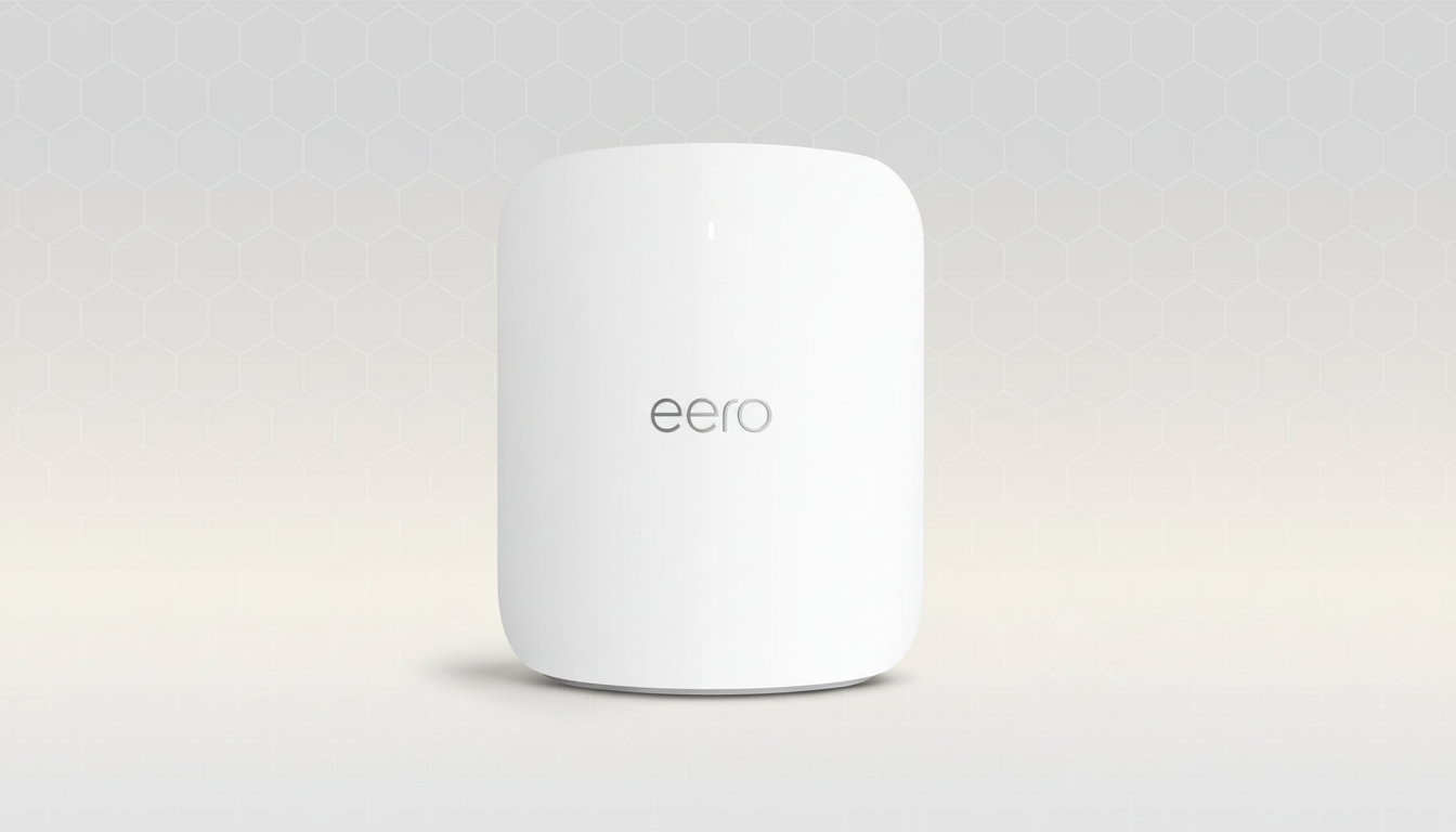 A white eero mesh Wi-Fi router on a light gray background with a subtle hexagonal pattern, presented in a 16:9 aspect ratio.