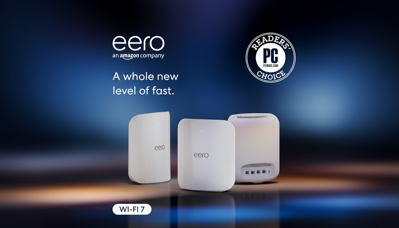An Eero Wi-Fi 7 product advertisement showing three white Eero devices on a dark, reflective surface with a blue background, featuring the Eero logo, the text A whole new level of fast, and a PCMag.com Readers Choice badge.
