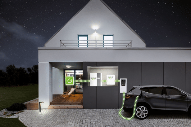 An electric car is charging outside a modern house at night, with green energy flow lines illustrating the connection between the car, a wall charger, and an internal energy management system. Filename : electriccar charginghouse night.png