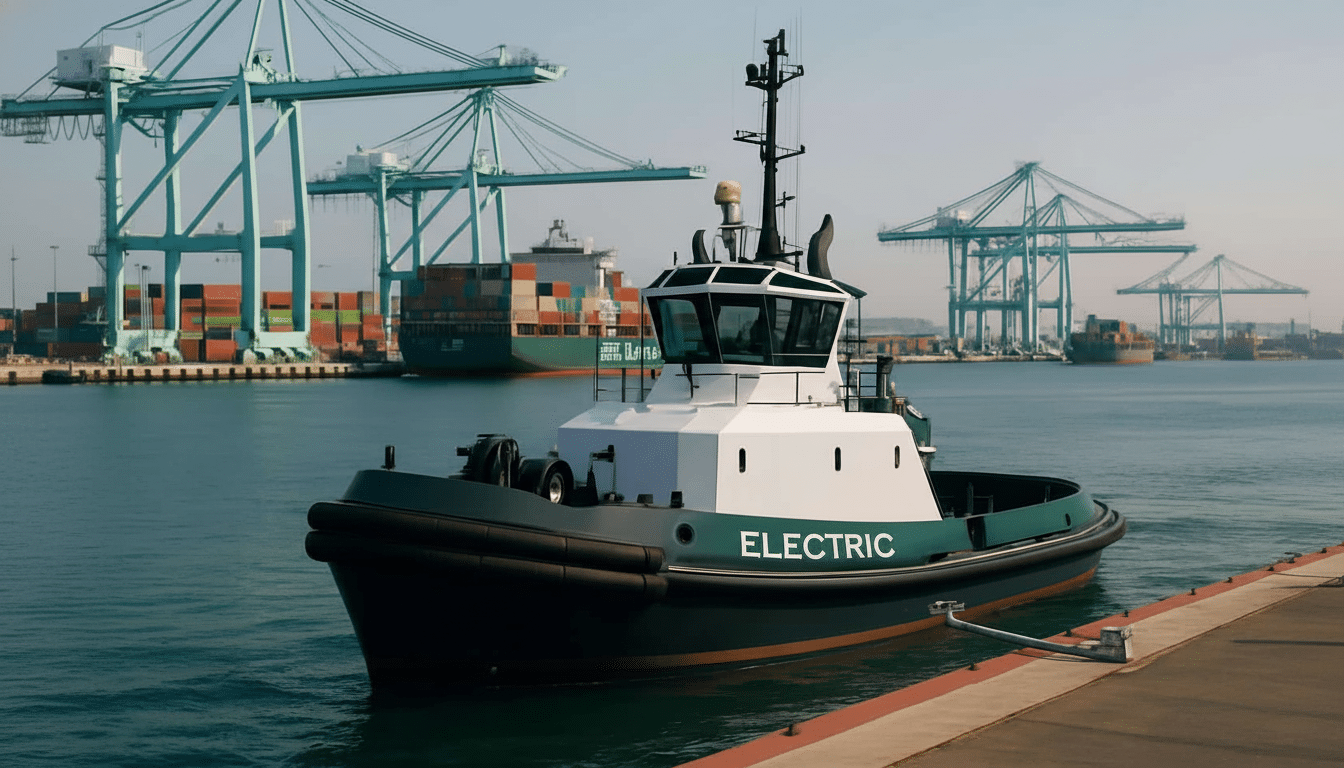 A modern electric tugboat with ELECTRIC written on its side, in a port with large cargo cranes and ships in the background.