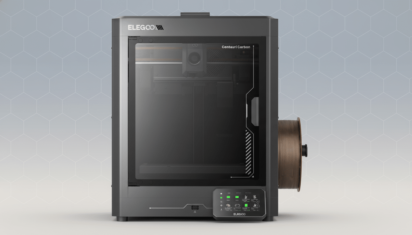 alt = An ELEGOO Centauri Carbon 3D printer, dark gray with a clear front panel, is centered on a li