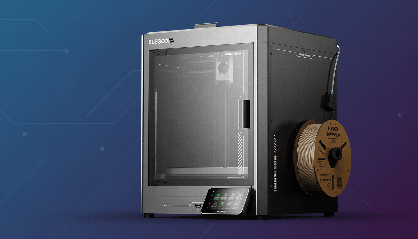 An Ele goo 3D printer with a roll of filament on the side , presented against a professional flat design background with a subtle gradient and interconnected line patterns .