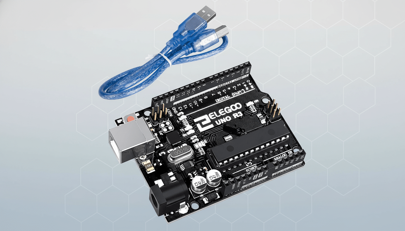 An Elegoo Uno R3 microcontroller board in black with a blue USB cable , presented on a professional flat gray background with subtle hexagonal patterns. Filename : elegoo unor3 boardusb cable.png