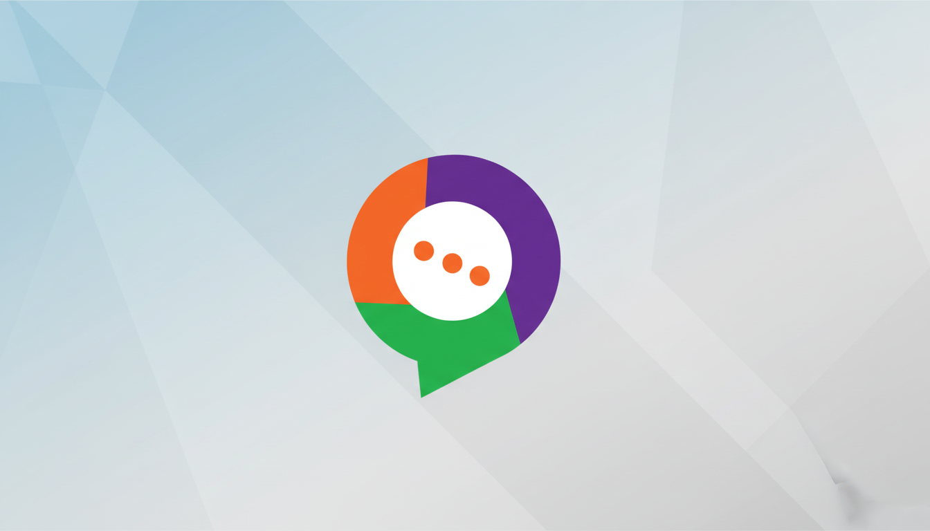 A colorful chat bubble logo with a white speech bubble containing three orange dots, set against a professional light blue background with subtle geometric patterns.