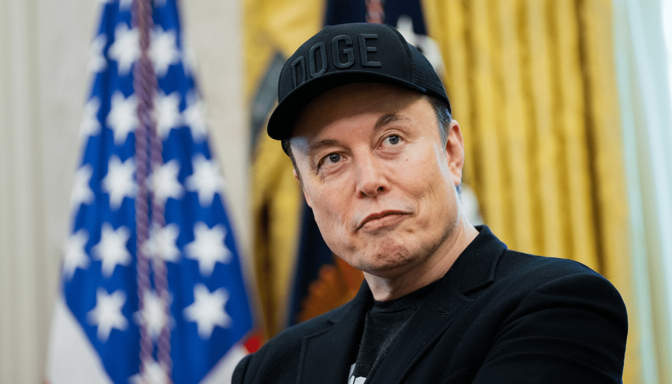 Elon Musk wearing a D OGE hat , looking to the side with a slightly concerned expression, with an American flag and golden curtains in the blurred background. Filename : elon muskdog ehat white house.png