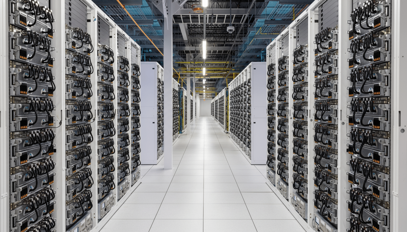 lt Text : A long corridor in a data center , lined on both sides with rows of server racks, under ov