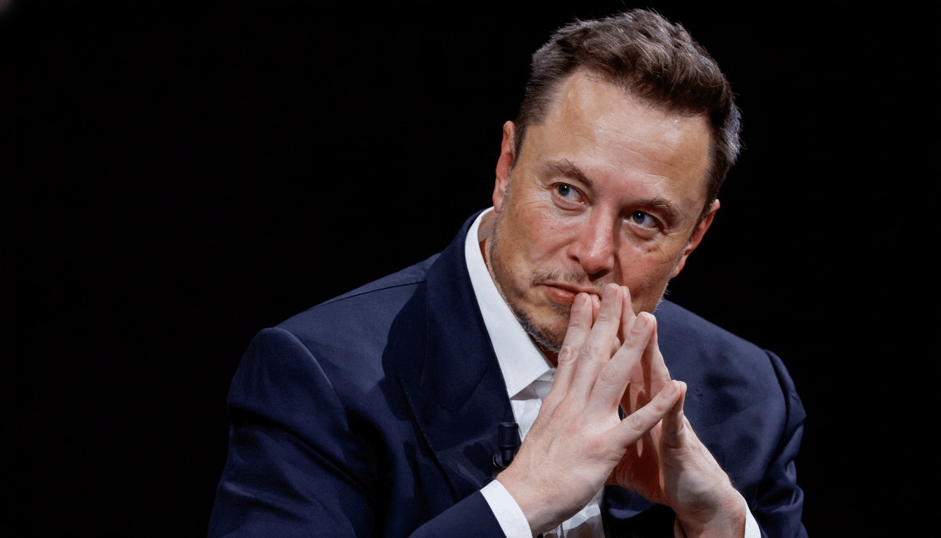 Elon Musk in a dark suit , looking intently to the left with his hands clasped under his chin.