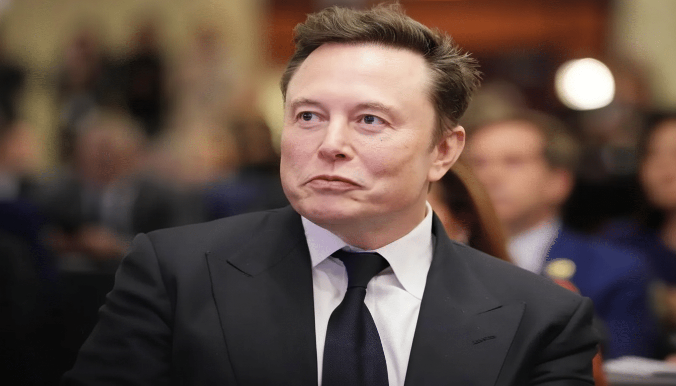 Elon Musk in a suit and tie, looking slightly to the left with a contemplative expression .