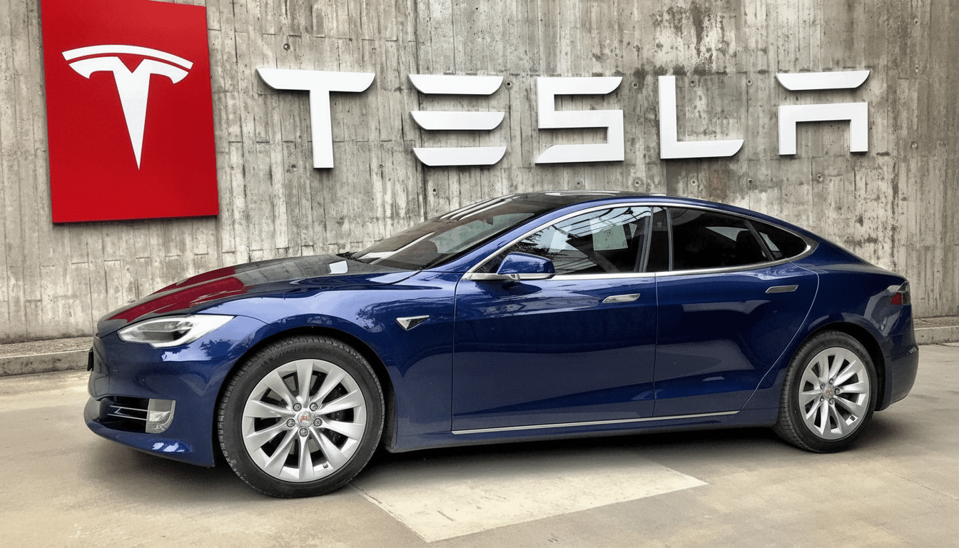 A blue Tesla Model S parked in front of a concrete wall with the red Tesla logo and white TESLA lettering. Filename : blue teslamodel slogo . png