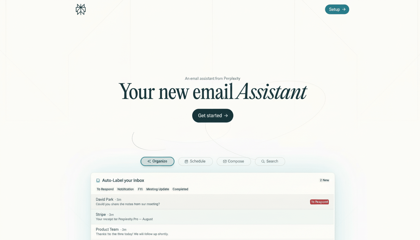 A clean , professional web interface for an email assistant application , showing an inbox with auto-label ing features and a central call to action.