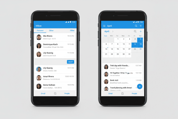 A professional, enhanced image of two mobile phone screens displaying email inbox and calendar views. The image has been resized to a 16: 9 aspect rat