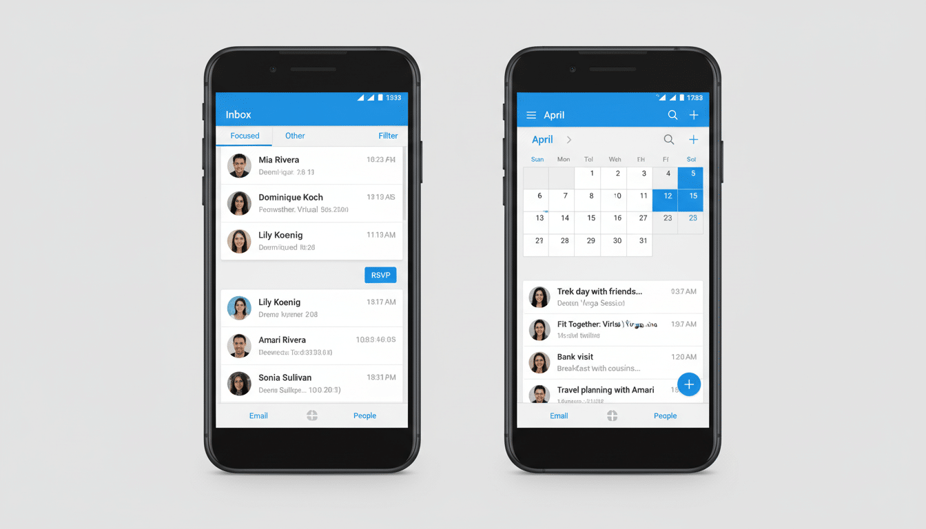 A professional, enhanced image of two mobile phone screens displaying email inbox and calendar views. The image has been resized to a 16: 9 aspect rat