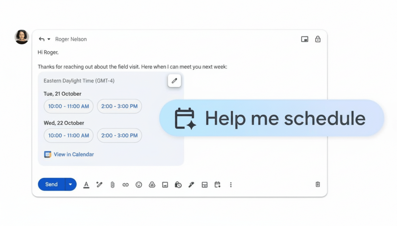 An email interface showing a calendar prompt that says Help me schedule. The email displays available times for a meeting on Tuesday, October 21st , and Wednesday, October 22 nd.