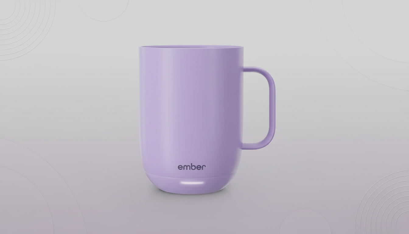 A light purple Ember smart mug with the Ember logo on the front, set against a professional flat design background with subtle gray patterns.