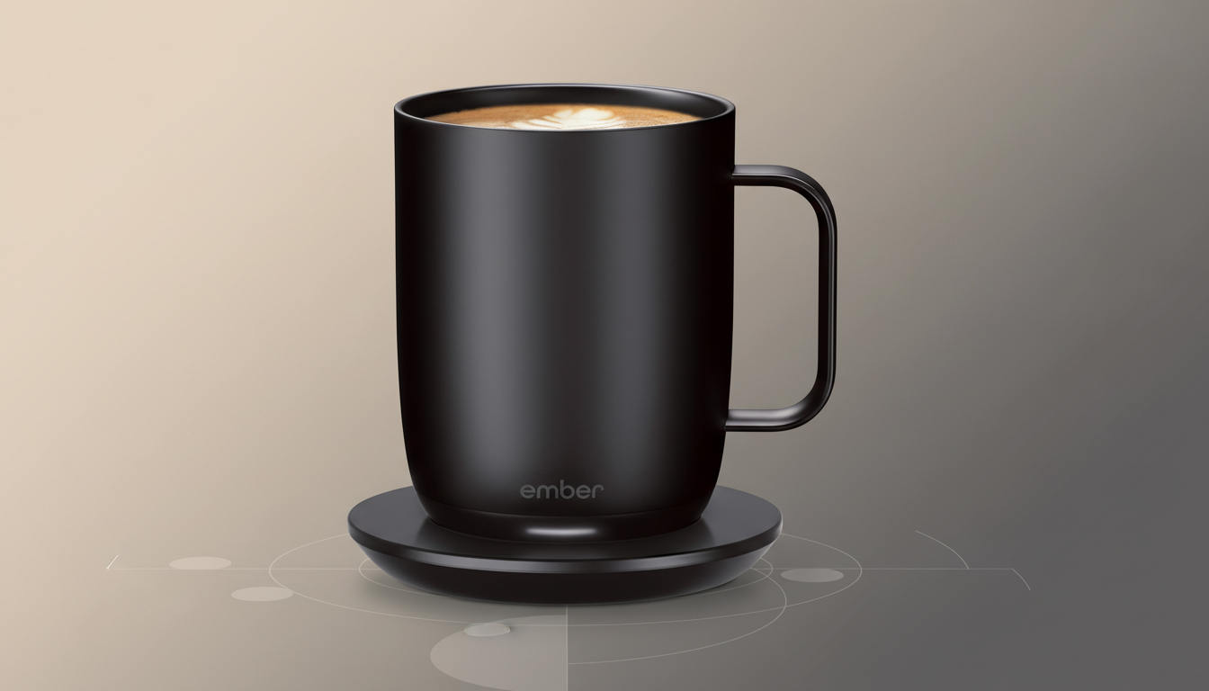 A black Ember smart mug with a latte art design on top, sitting on its charging coaster. The background is a professional flat design with a soft gradient from light beige to dark gray, featuring subtle geometric patterns.