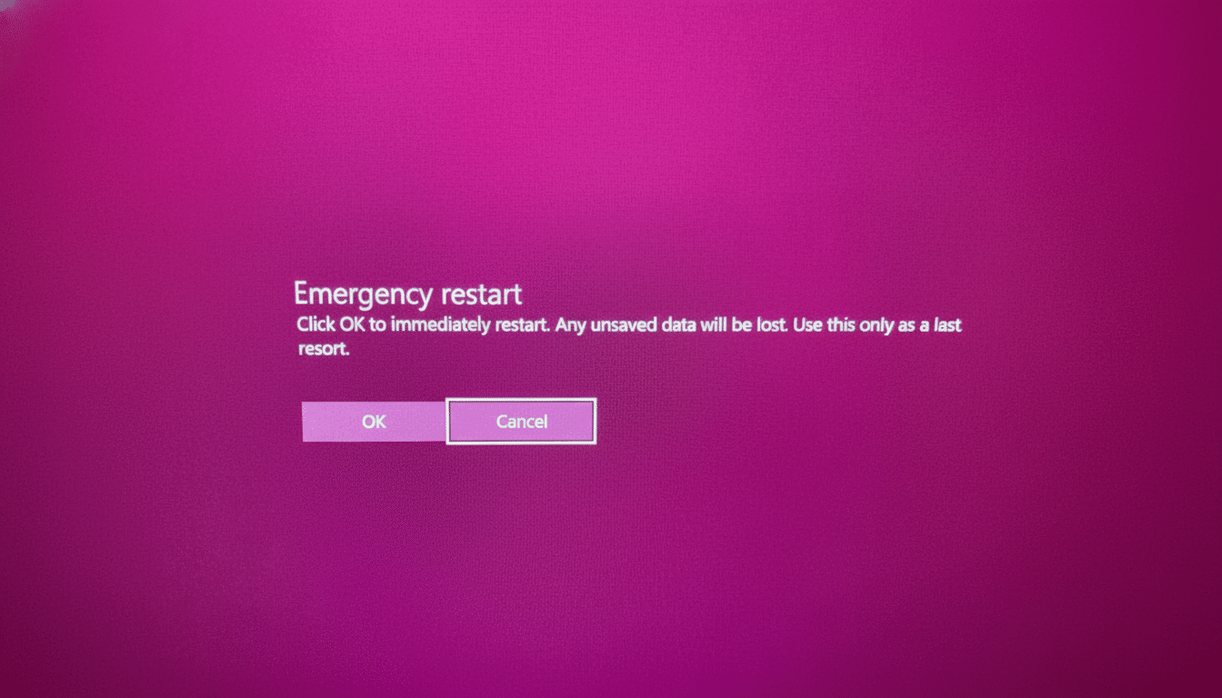 A screen displaying an Emergency restart message with OK and Cancel buttons on a magenta background.