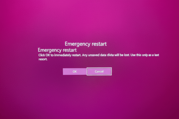 A computer screen displaying an Emergency restart message in white text against a magenta background , with OK and Cancel buttons below .