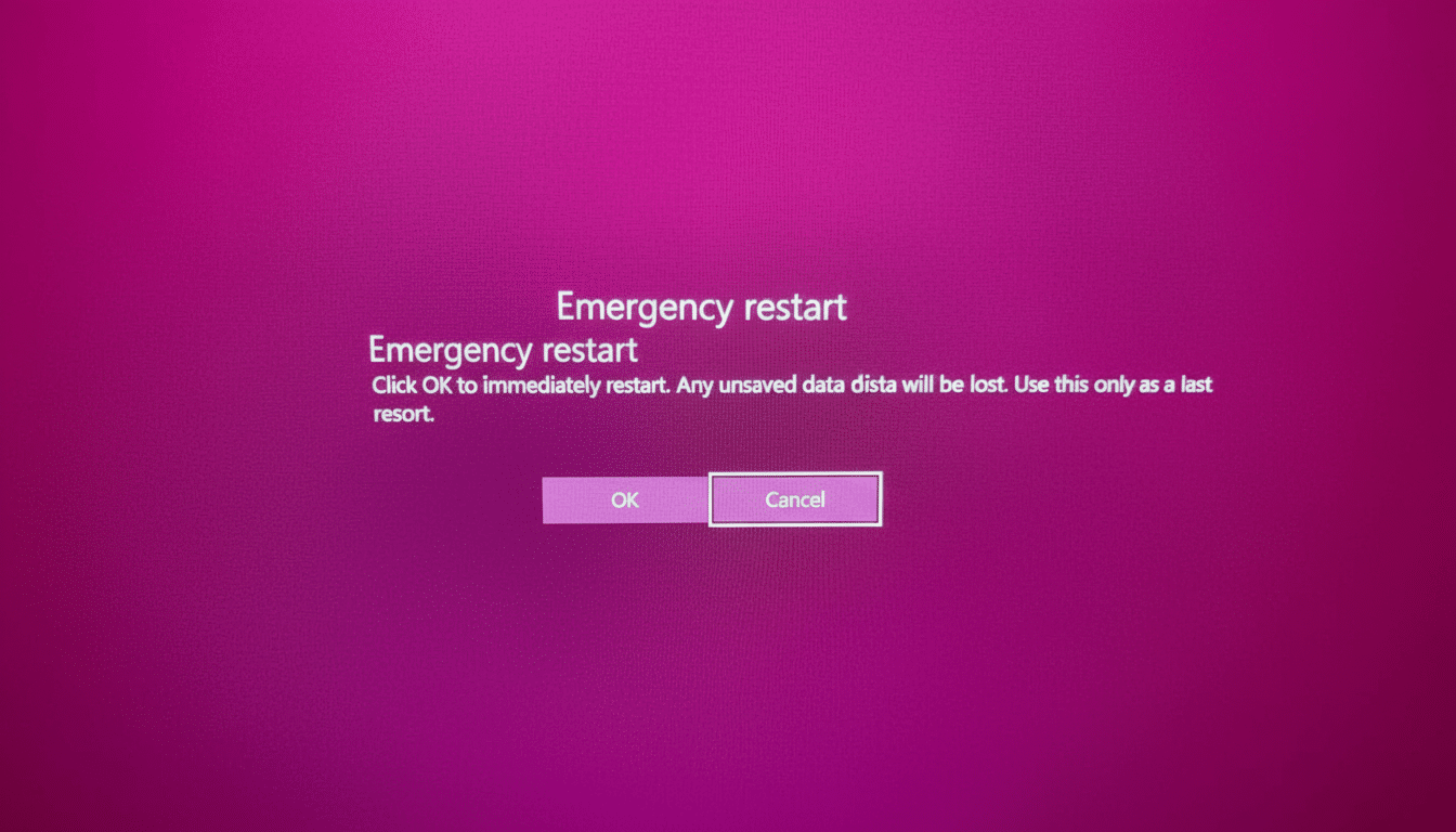 A computer screen displaying an Emergency restart message in white text against a magenta background , with OK and Cancel buttons below .