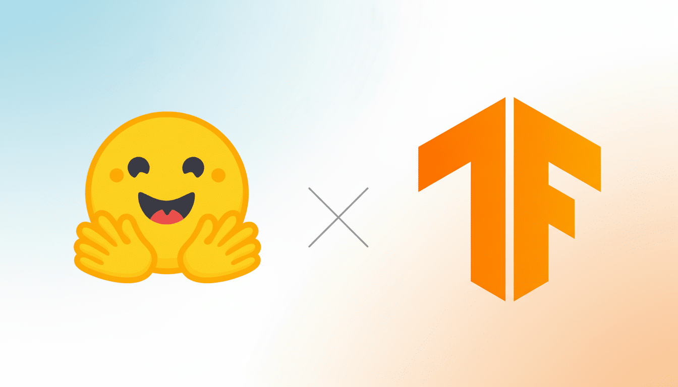 An emoji hugging a grey multiplication symbol next to the orange TensorFlow logo, set against a professional soft gradient background.