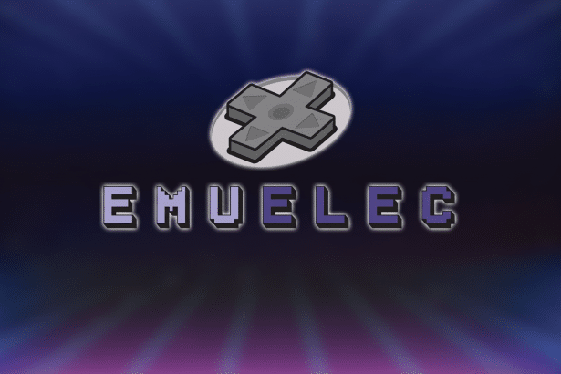 The Emuelec logo, a grey directional pad icon above the pixel ated word EM UELEC, set against a professional background that transitions from dark blu