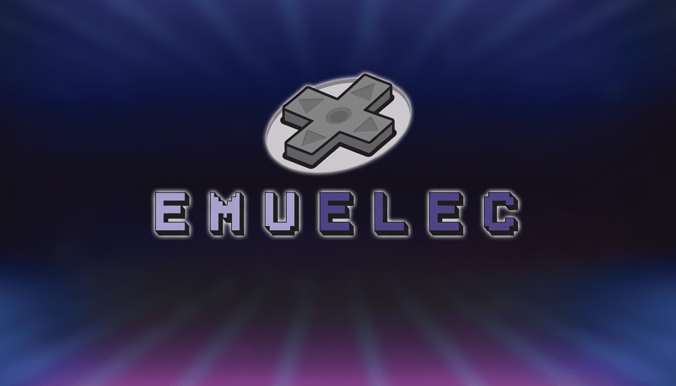 The Emuelec logo, a grey directional pad icon above the pixel ated word EM UELEC, set against a professional background that transitions from dark blu