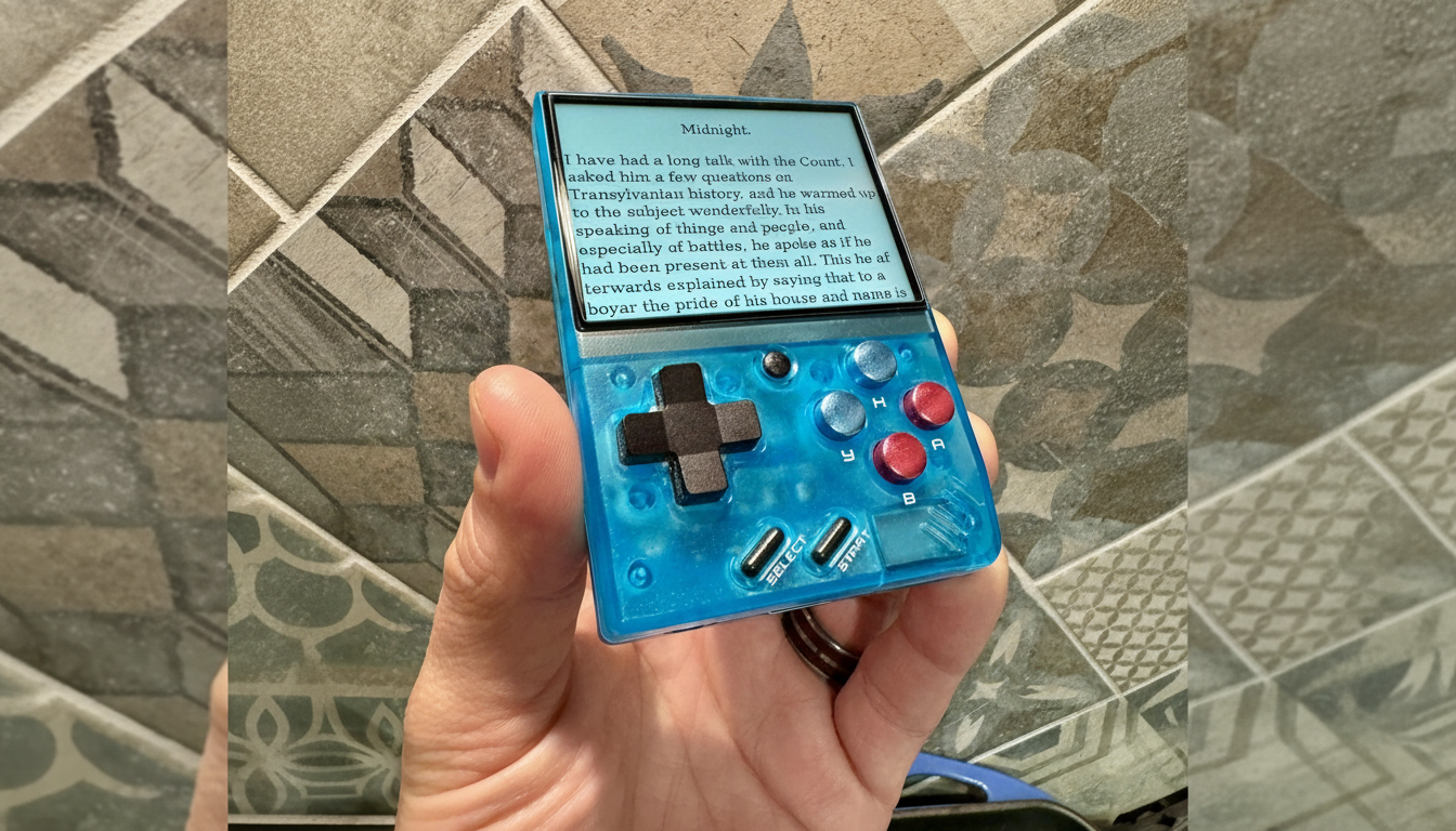 A hand holding a blue transparent handheld gaming device displaying text from a book, set against a tiled background.