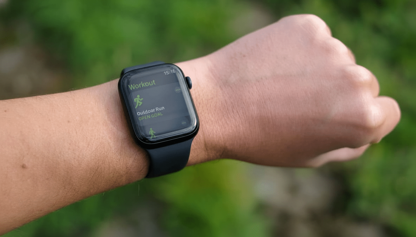 A close -up shot of a person's wrist wearing an Apple Watch , displaying the Workout app with Outdoor Run and Open Goal selected . The background is a natural, out -of-focus green. Filename : applewatch workoutapp . png
