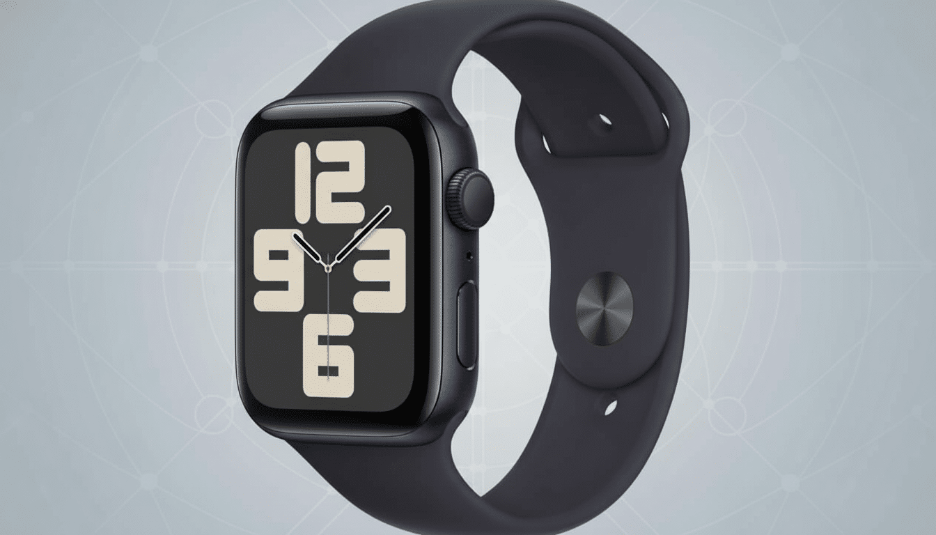 An Apple Watch with a dark blue sport band and a black face displaying large, stylized white numbers for the time, set against a subtle , light gray professional background.