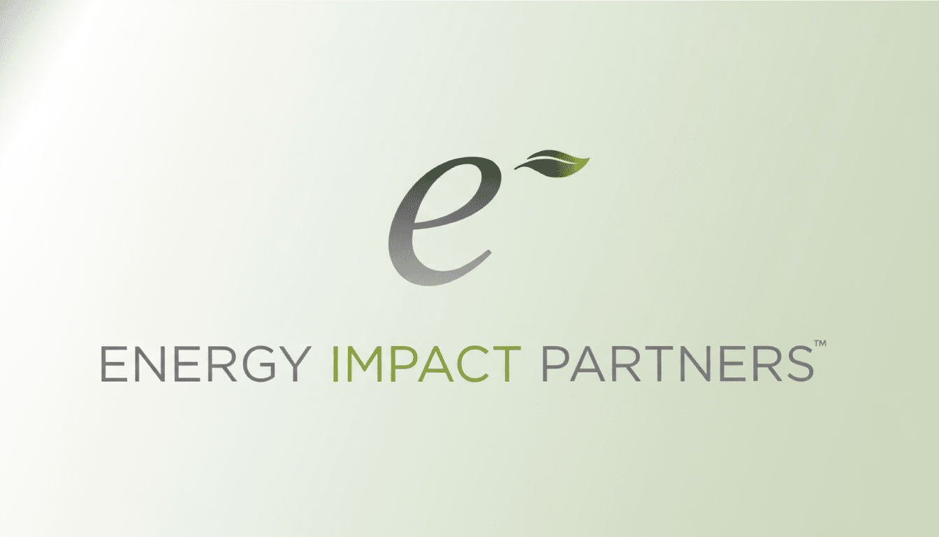 Energy Impact Partners logo with a green leaf design above the letter ' e' and the full name below, on a gradient background .