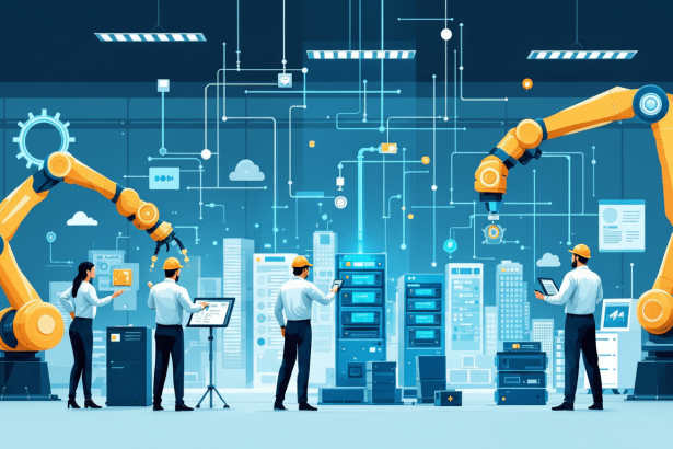 An image showing a team of engineers working in a modern facility with robotic arms and various interconnected digital systems. Filename : engineering teamdigital systems .png